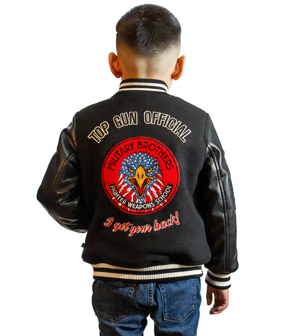 Kids Varsity Jacket-TOP GUN® "MILITARY BROTHERS" VARSITY JACKET-Black-Back