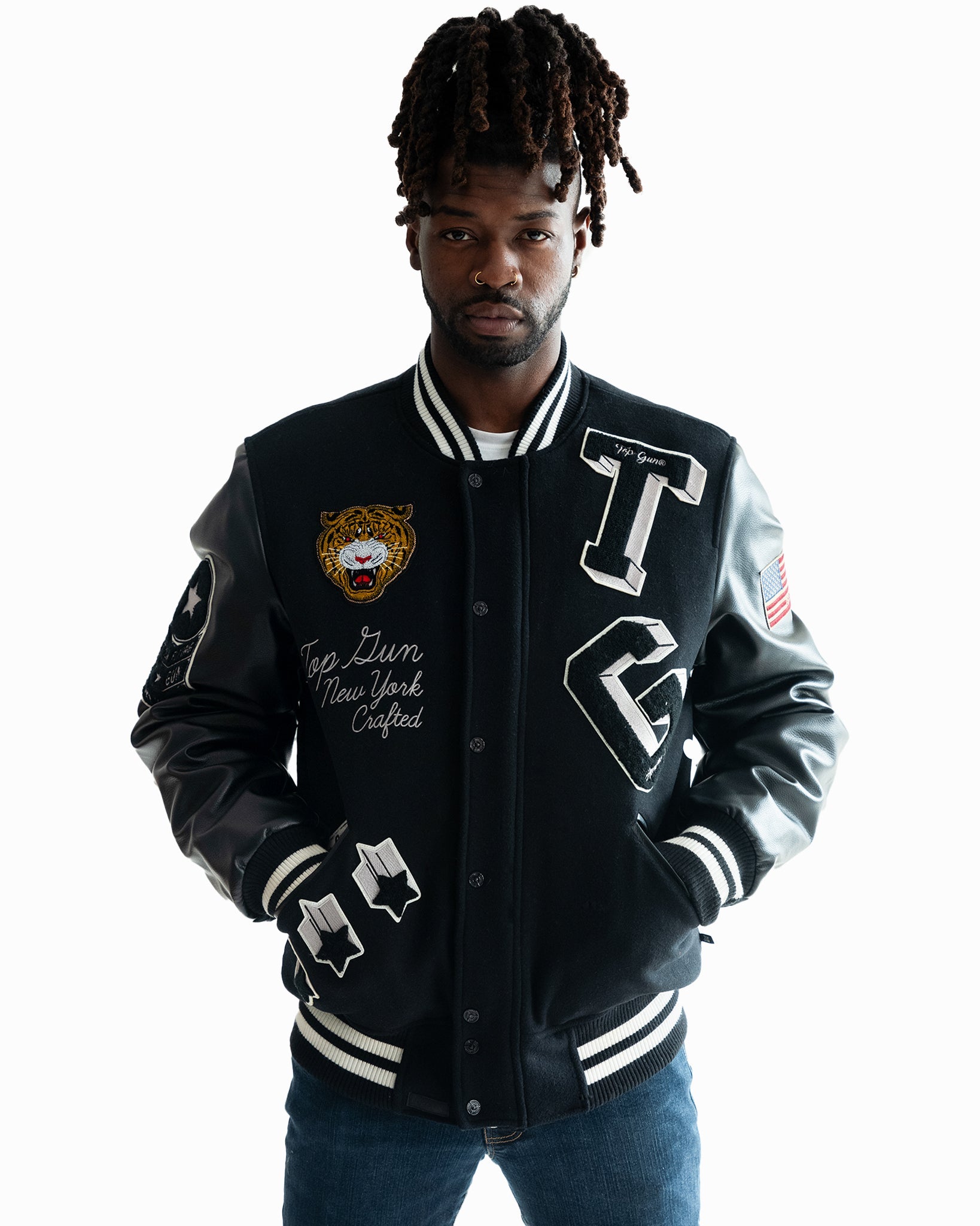 TOP GUN® MEN'S "TIGER" VARSITY JACKET-Front view #color_black