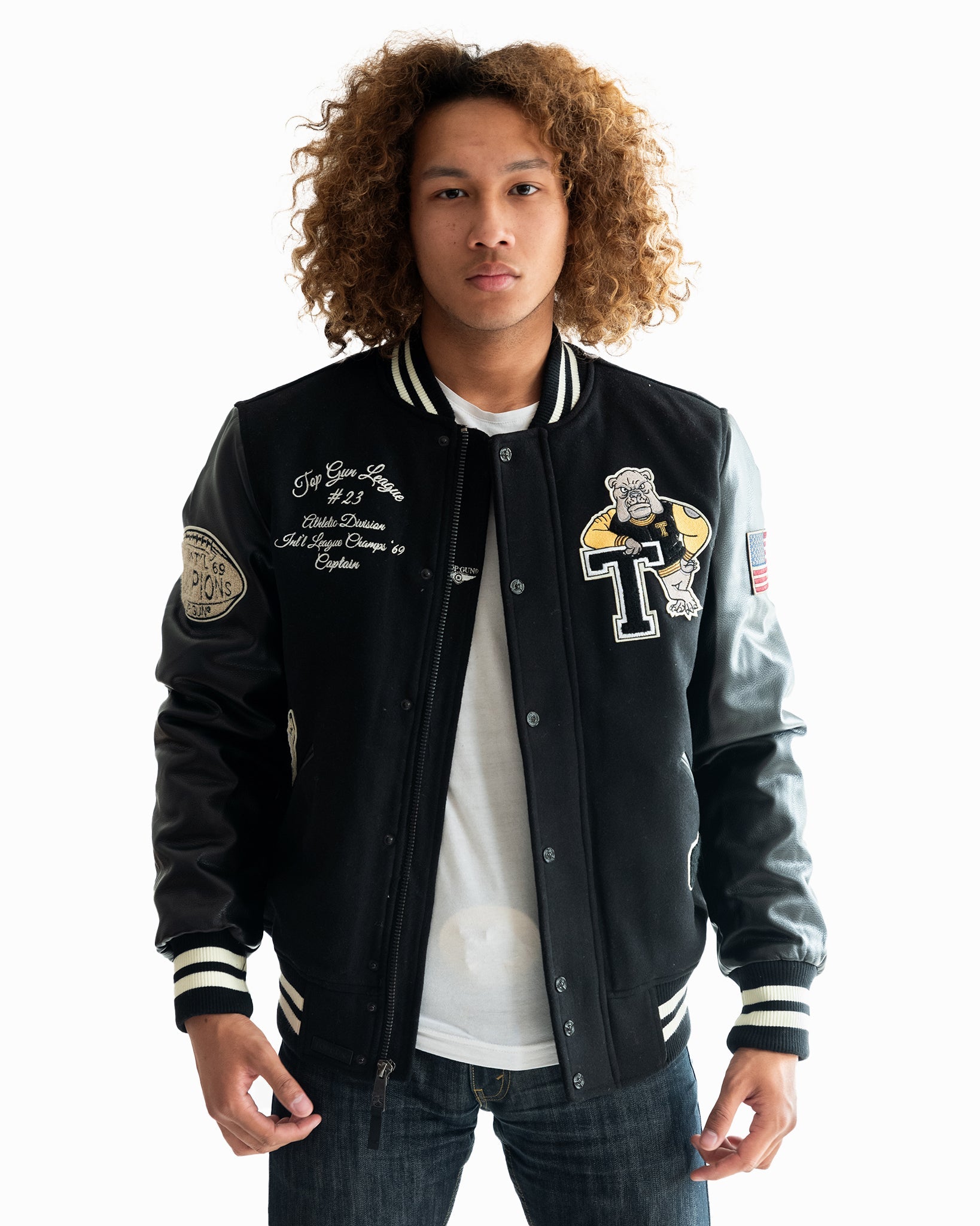 TOP GUN® BULLDOG VARSITY JACKET-Back Model #color_black